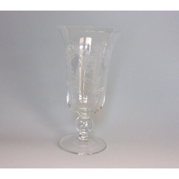 Vintage Colony Danube Iced Tea Crystal Glass. 1950s Hand Blown and Etched Gray Cut Floral Design w Tulip Shaped Bowl & Ball Stem. Gift. Vh9a