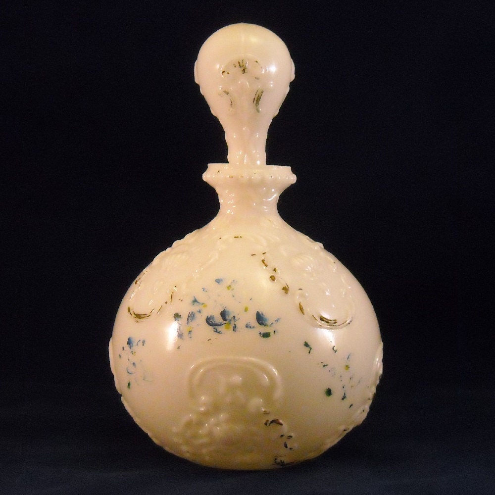 Opal Milk Glass Antique Vanity Decanter. Victorian Gillinder Opaline Dresser, Perfume, or Barber