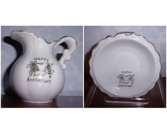 Norcrest 50th Anniversary Vintage Mini Pitcher or Small Creamer and Saucer with Gold Trim for Golden Wedding Celebration. Unique Gift. Rfha