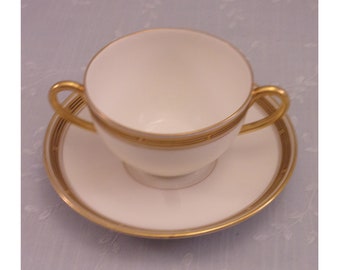 Antique Pickard China Porcelain Cream Soup Cup & Saucer Set in Gold Decorative Geometric Pattern w 2 Handles on the Bowl. Set E. sjLbo