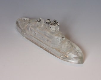 Vintage Figural Glass Candy Container.  1943 Victory Toy Miniature Battleship w Black Paint on Masts, Stacks, & Guns. Gift. VLzc ea97