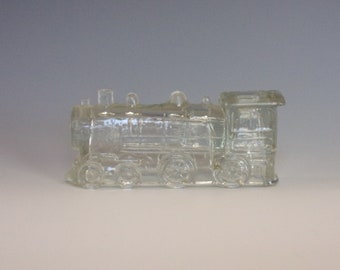 1942 Figural Clear Pressed Glass Candy Container. Vintage Toy Victory Locomotive Train Engine Double Window 888 w Sm Roof. Gift. vjva ea482