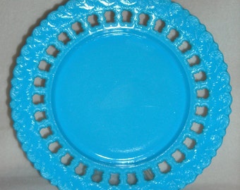 Antique Blue Turquoise Milk Glass Plate w Deep Notched Block Border. EAPG Dithridge Dish w Lace Edge & Slag Swirl. Gift for Collector. pbdav