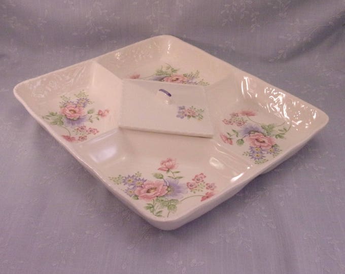 Featured listing image: Vintage Sadek 5 Part Floral Relish Tray with Diamond Shaped Center Lid, Divided Serving Platter, or Large Appetizer Dish. Vintage Gift. Rbsb