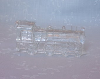 Vintage 1970s Figural Pressed Clear Glass Candy Container. Toy Train Single Window Locomotive. Marked 888 on Both Sides. Uivc ea481r