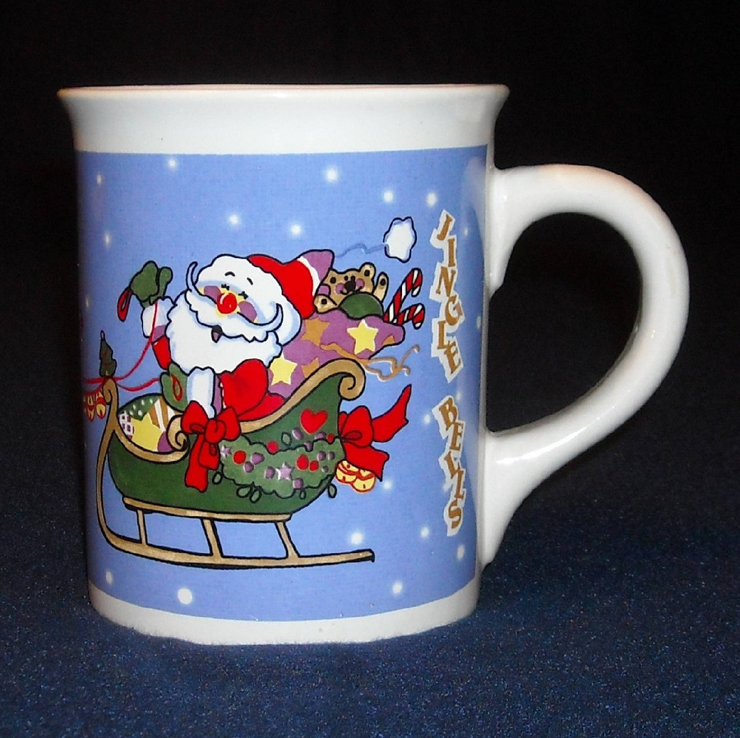 Vintage Christmas Mug. Novelty Cup w Santa Claus in Sleigh, Rudolph