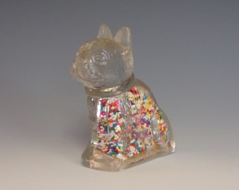 1945 Figural Dog Glass Candy Container. Vintage Toy Bulldog w Rectangular Base, Original Closure, & Replaced Pellets. Cool Gift. vLsb ea186