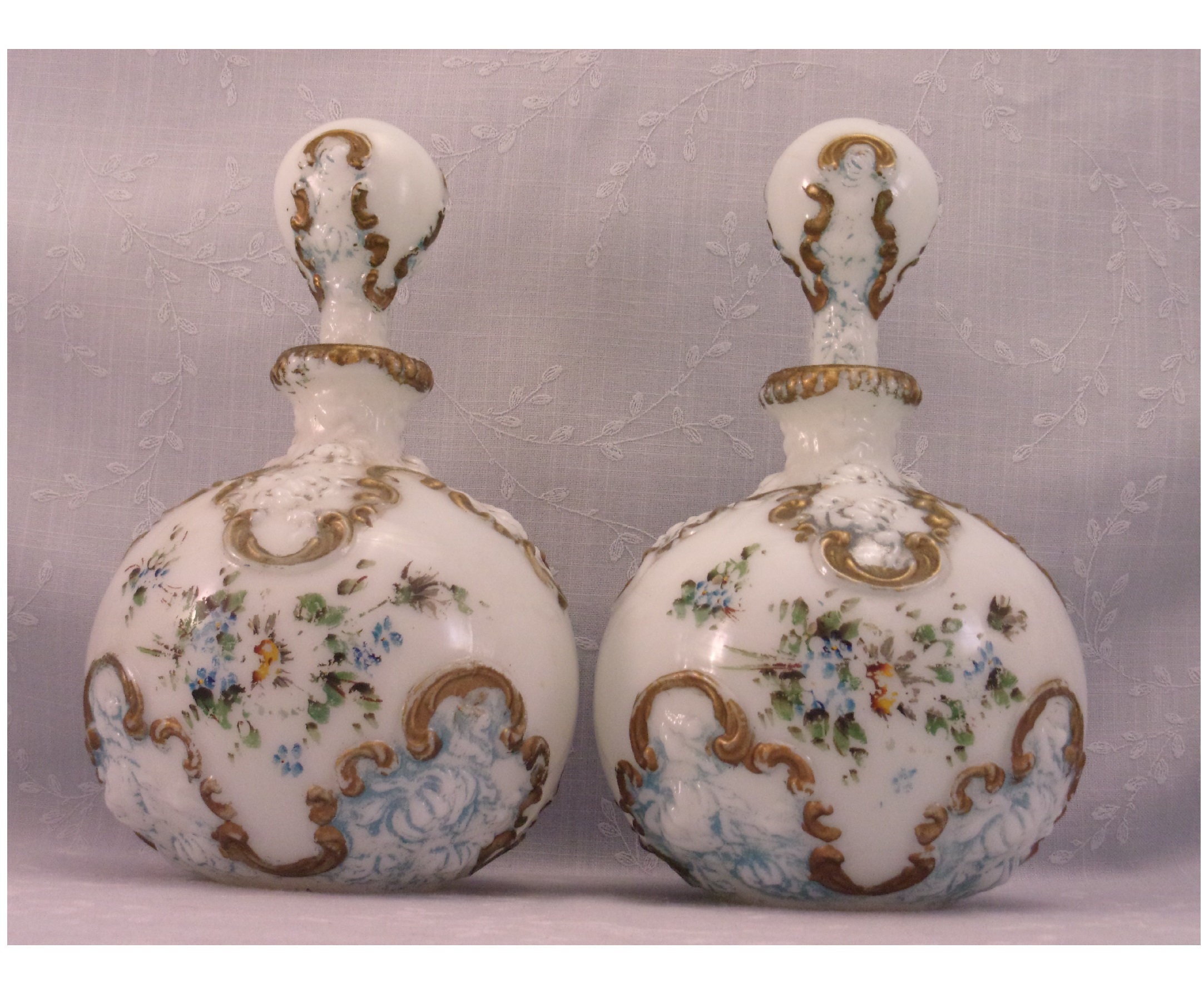 Antique Milk Glass Vanity Decanters w Original Stoppers. 2 Old Victorian Gillinder Opal Dresser