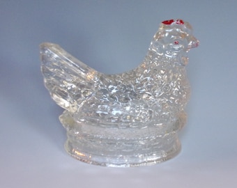 1945 to 1946 Glass Candy Container. Vintage Millstein Large Chicken on the Oval Nest w Red Paint Remnants & Mark. Unique Gift. Viwd ea149