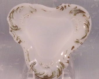 Dithridge Antique Milk Glass Vanity Pin Tray. Decorative Triangular Novelty Shaped Small Dresser Plate w Scroll & Remnant Gold Paint. qksa