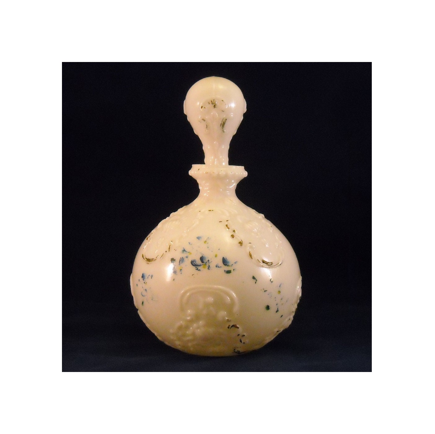 Opal Milk Glass Antique Vanity Decanter. Victorian Gillinder Opaline Dresser, Perfume, or Barber