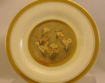 The Art of Chokin Plate. Vintage 6 + Inch Japanese Metallic Art Dish w Bird, Iris Flowers in Water Pond, 24 KT Gold, & Fine Porcelain. Qdsa
