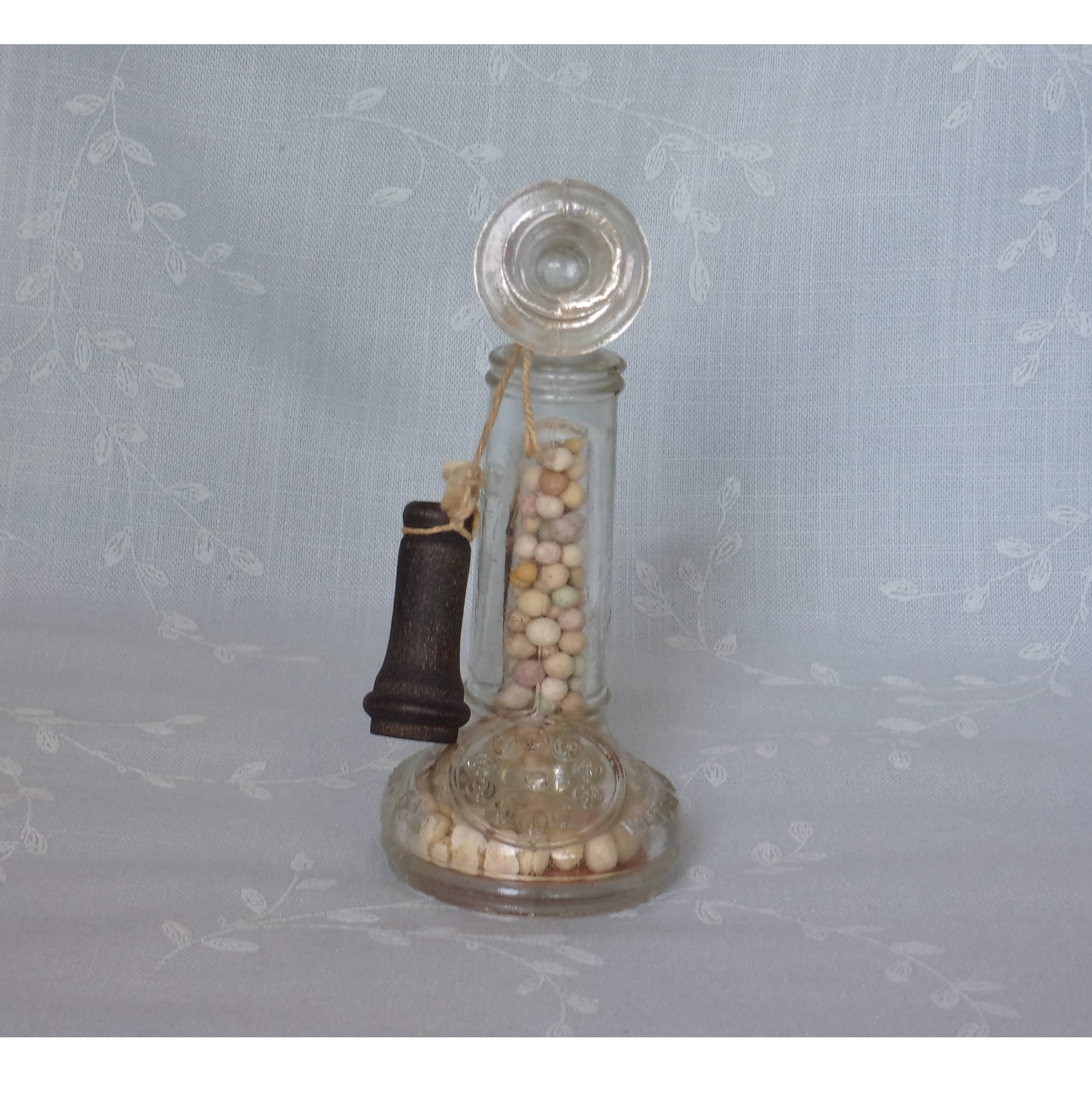1940s Glass Candy Container. Vintage Avor Victory Candlestick Dial Type