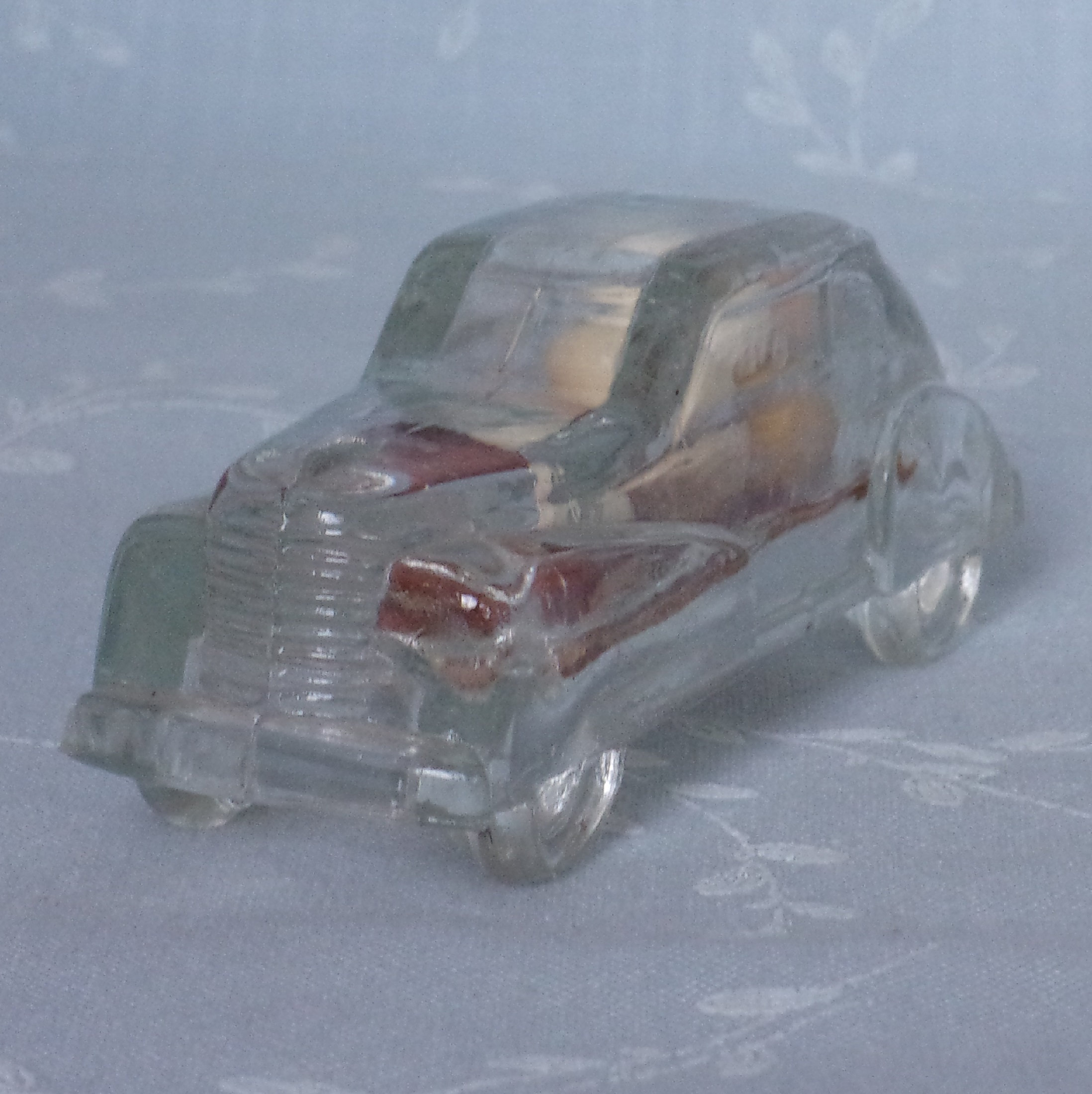 1940s Figural Car Glass Candy Container. Vintage Victory Toy Miniature