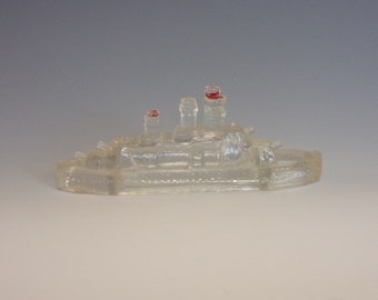 Vintage Figural Glass Candy Container. 1943 Victory Toy Miniature Battleship w Red Paint on Masts, Stacks, & Guns. Unique Gift. Vj8a ea97