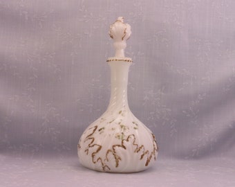 Milk Glass Antique Vanity Decanter w Flame Stopper. Mt Washington Old Cologne or Perfume Dresser Bottle w Swirled Base & Leaf Design. RLLa