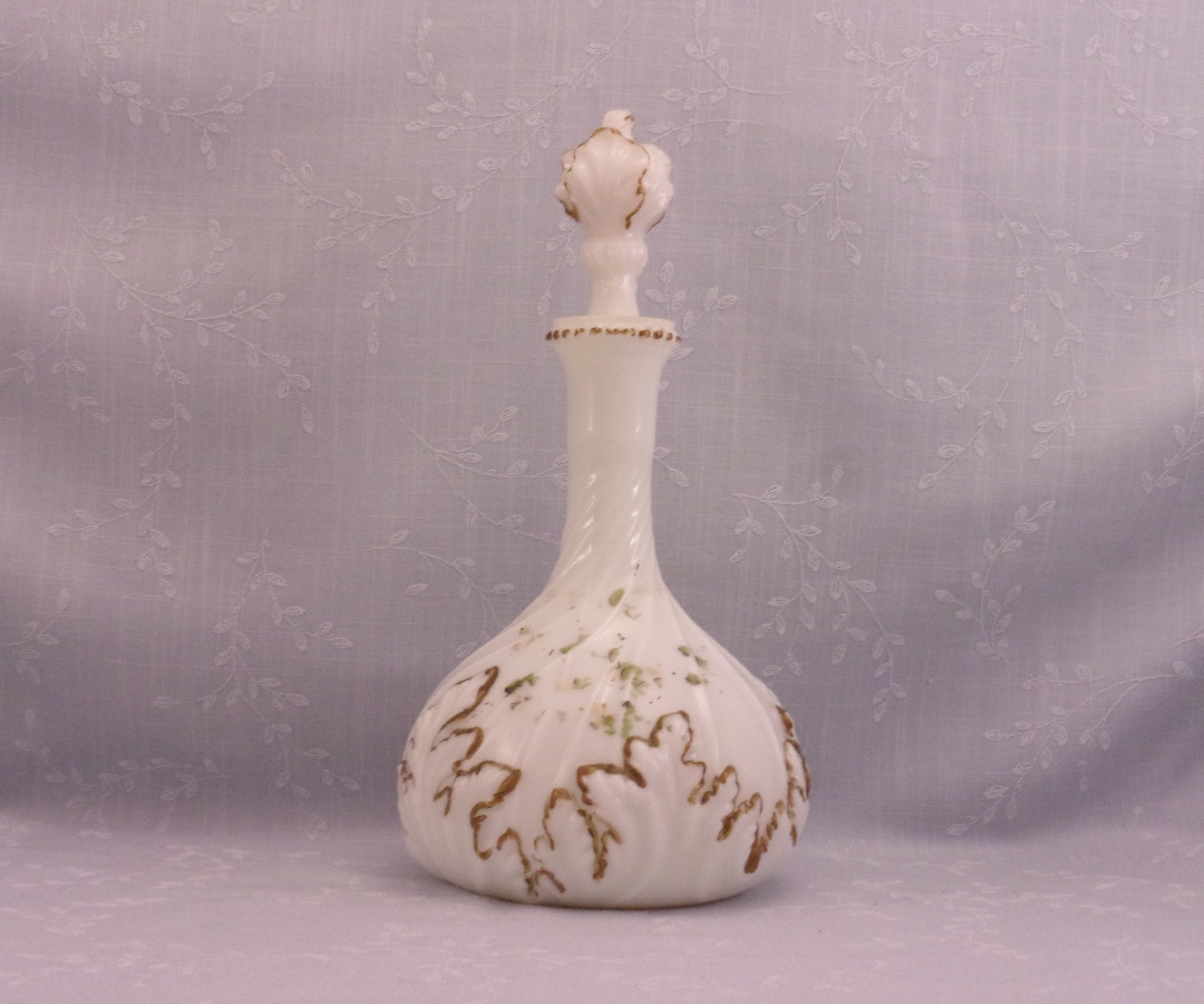 Milk Glass Antique Vanity Decanter w Flame Stopper. Mt Washington Old
