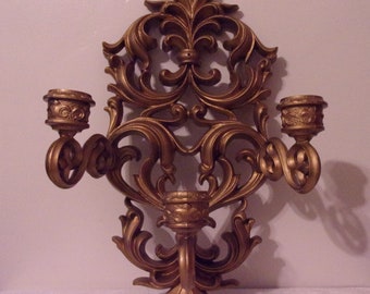 1970 Vintage Burwood Large 3 Candle Holder Wall Sconce 9084. Wall Décor w Original Gold Paint in Flowing Baroque Style. Cool Gift. Rdgb