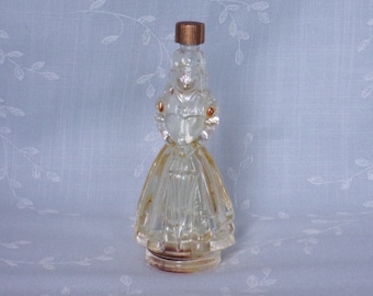Vintage Figural Glass Bottle. Yesteryear Perfume Girl or Lady w Parosol Umbrella, Long Hair, Long Full Skirt, & Marked Babs Creations. Uc3a