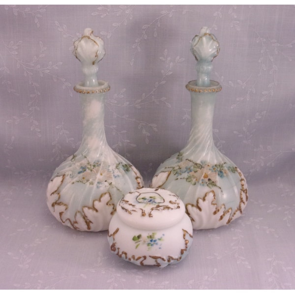 6 Pc Antique Milk Glass Mt Washington Vanity Set. 2 Swirled Base & Leaf Opal Decanters w Stoppers and 1 Powder Puff Box with Lid. Gift. rL3a