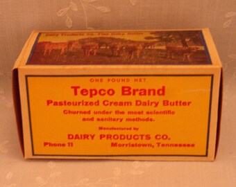 1 Lb Vintage Butter Box. Waxed Cardboard Advertising. Tepco Brand 1 Pound Never Used Food Dairy Container. Morristown, Tennessee TN. Sgbx2