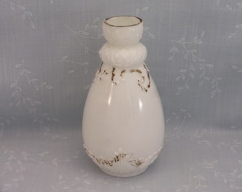Old Milk Glass Vase. Antique EAPG Opaline Net Bottle with Lacy Scrolls and Remnants of Cold Applied Gold Paint. Gift for Collector. Sama