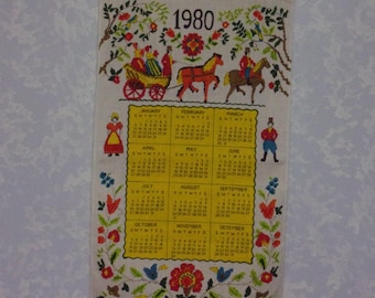Vintage Calendar. Linen Cloth 12 Month 1980 Wall Hanging Kitchen Tea or Dish Towel w Amish People, Horses, and Wagon Buggy. Cool Gift. qLaa