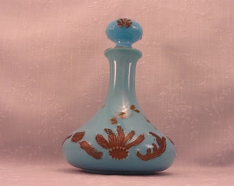 Dithridge Blue Turquoise Milk Glass Antique Vanity Decanter w Stopper in Beaded Circle & Feather or Ray End Design. Cool Vintage Gift. Ri8a