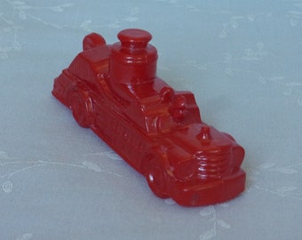 Vintage Clear Glass Candy Container. 1970s Toy Miniature Fire Engine with Red Paint, Hose, and Stack. Gift for Vintage Hunter. Uitc ea213r