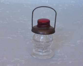 Scarce 1930s & 1940s Stough Glass Candy Container. Vintage Tiny J S Co Toy Lantern w Metal Top and Reflector. Unique Gift. Ubia ea391