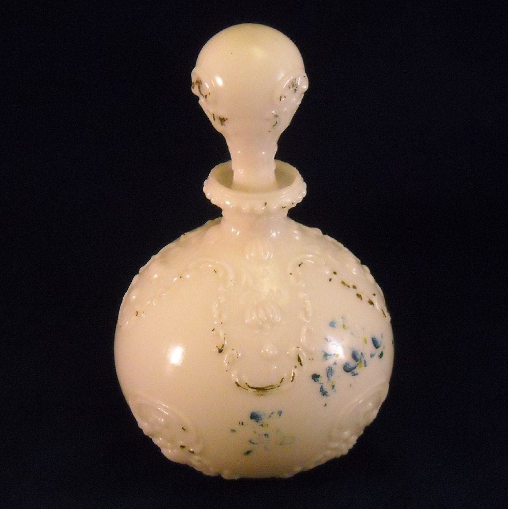 Opal Milk Glass Antique Vanity Decanter. Victorian Gillinder Opaline Dresser, Perfume, or Barber