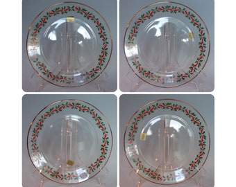 4 Glass Christmas Vintage Luncheon Plates in Discontinued 1993 Arcoroc Clear Holly and Ribbon Pattern.  Set A. Gift for Vintage Hunter. vika