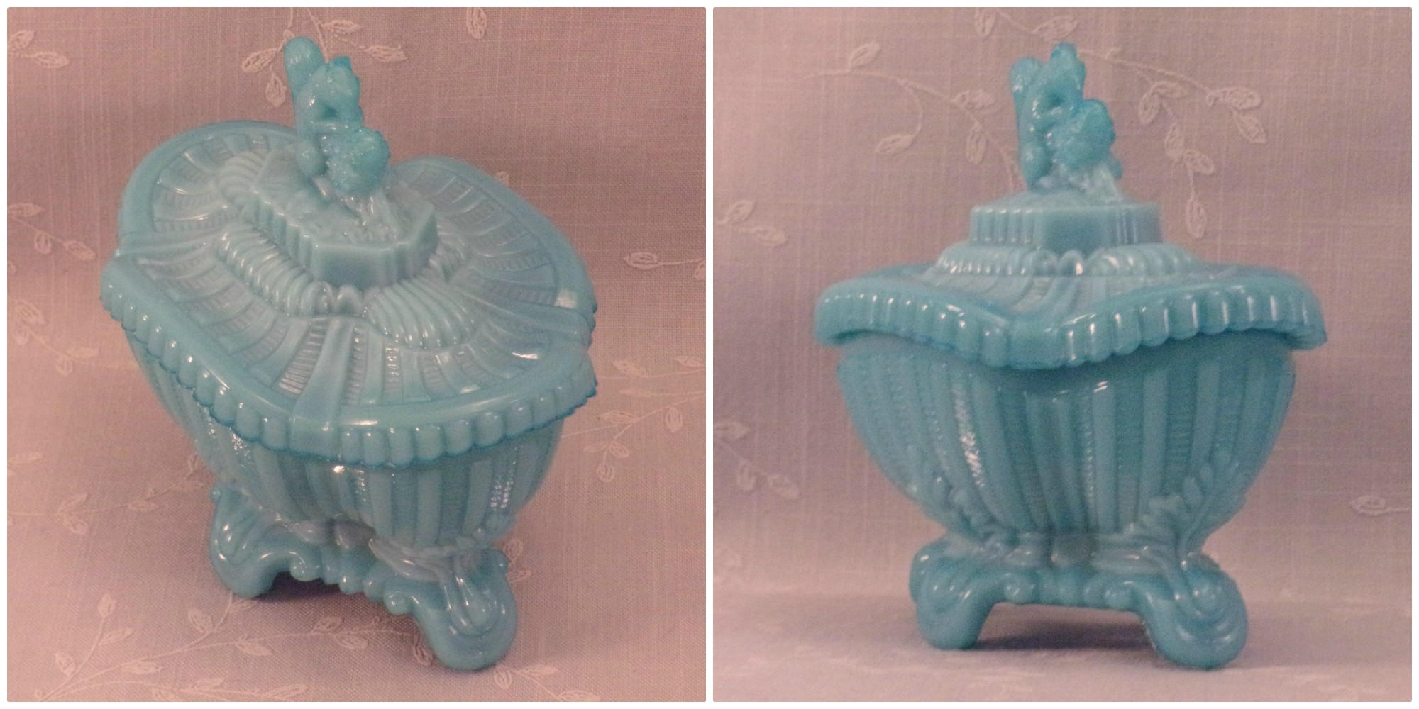 Portieux Vallerysthal Blue Milk Glass Squirrel Candy Dish w Lid. Rcba