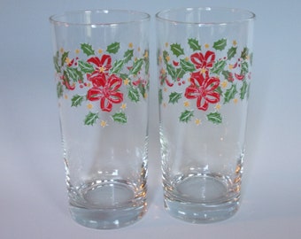 2 Vintage Glass Large Christmas Tumblers in Libbey Ribbon, Leaves, and Holly Pattern w Red Bow, Green Holly, and Gold Stars. Cool Gift. vijd