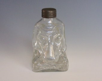 Early 1900s Blown Glass Bottle. Antique Sad Hound Dog w Orig Screw Cap and the Words Smile Damn You Smile on Base. Unique Gift. Vi9a dpp36