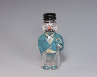 1950s Figural Pressed Clear Glass Cologne Container. Vintage Beau Brummell Scent Bottle w Painted Jacket, Shoes, Mustache, & Cane. Vk7b