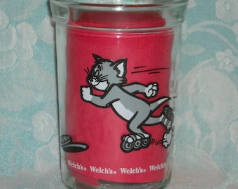 1990 Welch’s Jelly Jar. Tom & Jerry Series Vintage Promo Tumbler. Tom on Roller Skates. Turner Entertainment Hanna Barbera Jam Glass. pkcbu