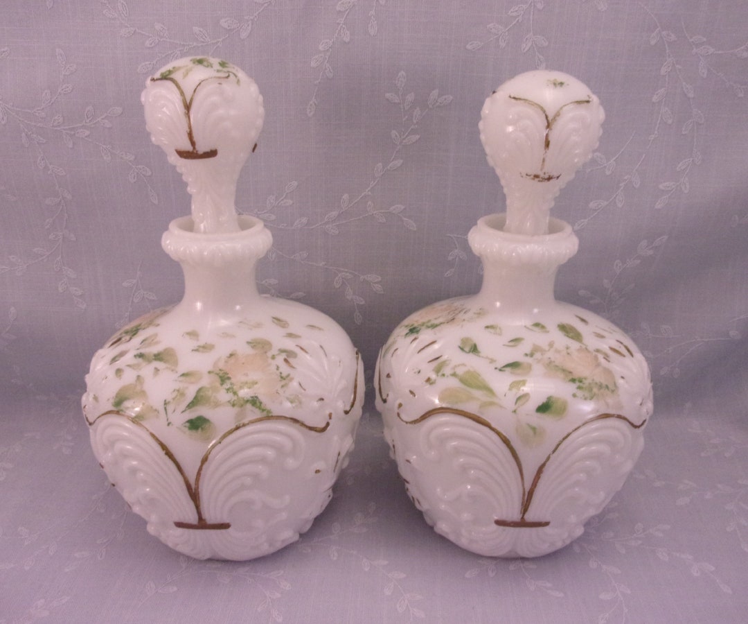 2 Antique Gillinder Milk Glass Decanters W Original Stoppers. Victorian