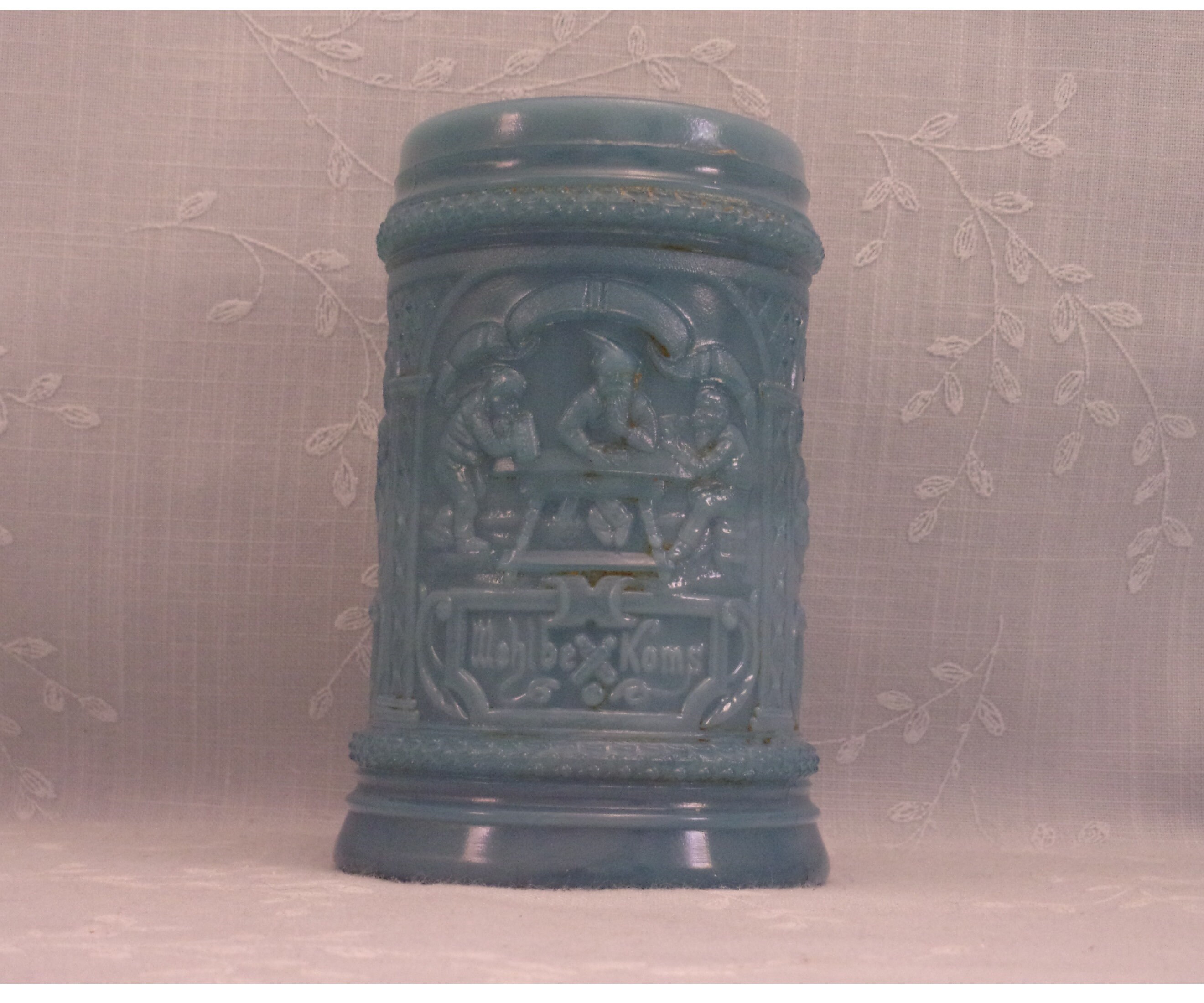 Antique Gnome Mug. Blue Milk Glass Westmoreland Specialty Co Mustard