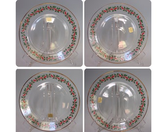 4 Glass Christmas Vintage Luncheon Plates in Discontinued 1993 Arcoroc Clear Holly & Ribbon Pattern. Set B. Gift for Collector. vikb