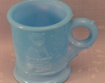 Antique Blue Milk Glass Cup w Kitten, Puppy, and Slag. Victorian EAPG Cat & Dog Child’s Early Toy Cup w Flower Mark on Base. Gift. Rcta