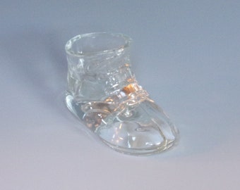 Vintage Blown Clear Glass Candy Container Right Laced Baby Shoe, Bootie Toothpick Holder, or Sm Trinket Dish w Tied Bow. Gift. vixa md3