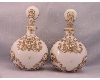 2 Gillinder Milk Glass Dresser Decanters w Original Stoppers. Antique Gargoyle Bottles, also known as Lions Head Bottles. Unique Gift. Ri7a