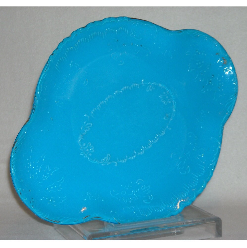 Antique Blue Turquoise Milk Glass Dithridge Tray w Scroll. okba