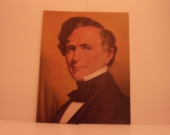 1970s Portraits of the Presidents. 14th President Franklin Pierce Vintage Color Poster and Factual Text. Cool Gift for Vintage Lover. 14asd