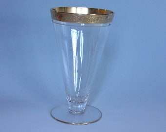 1946 Gastonbury Lotus Rambler Rose Iced Tea. Vintage Clear Glass Blown Elegant Crystal w Encrusted Gold Floral Band & Optic Bowl. Vh8a