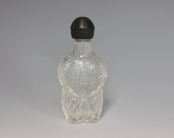 1940s Figural Character Clear Glass Cologne Container. Vintage King of Siam / Thailand Scent Bottle w Black Plastic Screw Cap. Gift. Vk8a