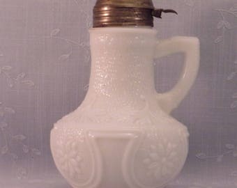 1890s Milk Glass. Antique Stippled Dahlia Syrup Jug or Pitcher w Repaired Handle & Lid Problems. Cool Vintage Gift for Vintage Lover. qLra