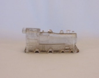 Antique Clear Glass Candy Container. 1915 to 1916 Toy Train Locomotive JENT Glass Co # 888 w Tin Closure But No Wheels. Gift. vica Ea485