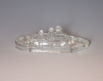 1970s Figural Glass Candy Container. Vintage Miniature Toy Battleship w Masts, Stacks, & Guns. Unique Gift. vLsd ea97r